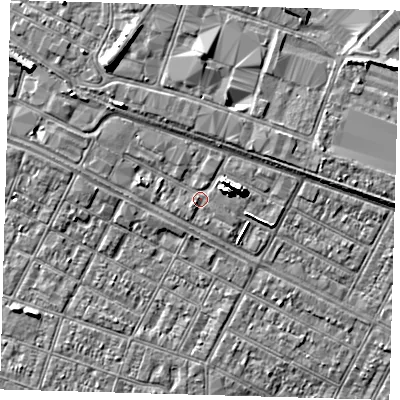 Shaded relief map of the ground around DN313AF, computed from Environment Agency LiDAR. The ground here sits at about 4 m above sea level and falls 8 m across the surrounding 800 m. Surface water reaching this point runs off ground lying to the east-north-east, 5.7 m higher.