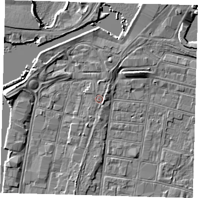Shaded relief map of the ground around DN313AG, computed from Environment Agency LiDAR. The ground here sits at about 4 m above sea level and falls 7 m across the surrounding 800 m. Surface water reaching this point runs off ground lying to the north-east, 1.1 m higher.