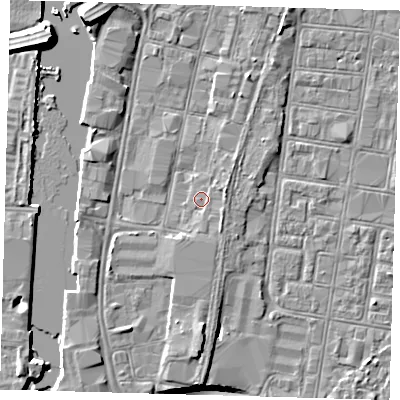 Shaded relief map of the ground around DN313AH, computed from Environment Agency LiDAR. The ground here sits at about 4 m above sea level and falls 11 m across the surrounding 800 m. Surface water reaching this point runs off ground lying to the south, 2.0 m higher.