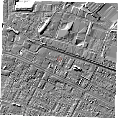 Shaded relief map of the ground around DN313AL, computed from Environment Agency LiDAR. The ground here sits at about 4 m above sea level and falls 8 m across the surrounding 800 m. Surface water reaching this point runs off ground lying to the west-north-west, 0.5 m higher.