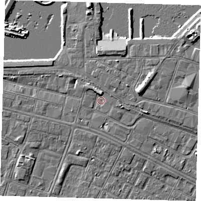Shaded relief map of the ground around DN313AN, computed from Environment Agency LiDAR. The ground here sits at about 4 m above sea level and falls 9 m across the surrounding 800 m. Surface water reaching this point runs off ground lying to the north, 4.4 m higher.