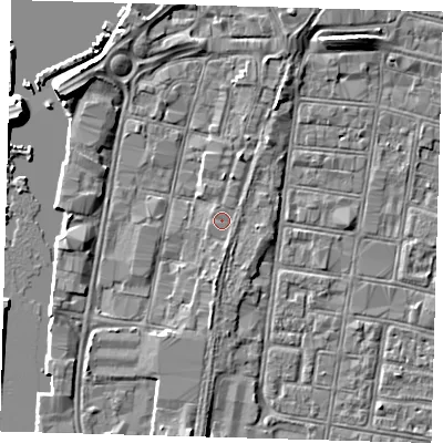 Shaded relief map of the ground around DN313AR, computed from Environment Agency LiDAR. The ground here sits at about 4 m above sea level and falls 6 m across the surrounding 800 m. Surface water reaching this point runs off ground lying to the south, 0.8 m higher.