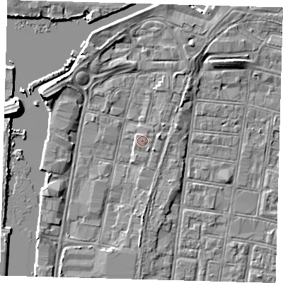 Shaded relief map of the ground around DN313AT, computed from Environment Agency LiDAR. The ground here sits at about 4 m above sea level and falls 7 m across the surrounding 800 m. Surface water reaching this point runs off ground lying to the east-north-east, 1.8 m higher.