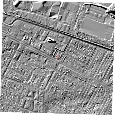 Shaded relief map of the ground around DN313AU, computed from Environment Agency LiDAR. The ground here sits at about 4 m above sea level and falls 8 m across the surrounding 800 m. Surface water reaching this point runs off ground lying to the north-north-west, 6.0 m higher.