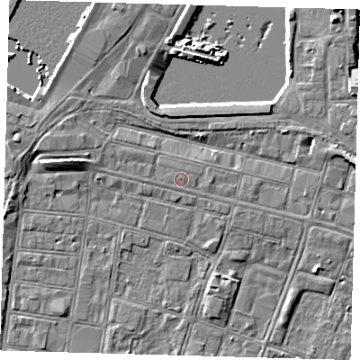 Shaded relief map of the ground around DN313AX, computed from Environment Agency LiDAR. The ground here sits at about 4 m above sea level and falls 7 m across the surrounding 800 m. Surface water reaching this point runs off ground lying to the east, 0.7 m higher.