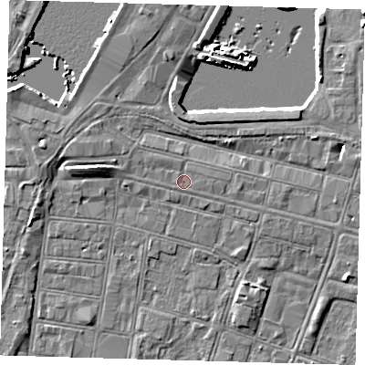 Shaded relief map of the ground around DN313AY, computed from Environment Agency LiDAR. The ground here sits at about 4 m above sea level and falls 7 m across the surrounding 800 m. Surface water reaching this point runs off ground lying to the east, 3.0 m higher.