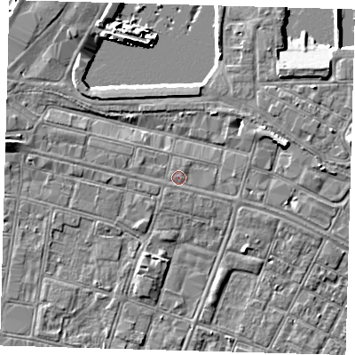 Shaded relief map of the ground around DN313BE, computed from Environment Agency LiDAR. The ground here sits at about 4 m above sea level and falls 8 m across the surrounding 800 m. Surface water reaching this point runs off ground lying to the east, 0.7 m higher.