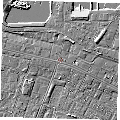 Shaded relief map of the ground around DN313BL, computed from Environment Agency LiDAR. The ground here sits at about 4 m above sea level and falls 9 m across the surrounding 800 m. Surface water reaching this point runs off ground lying to the east-south-east, 0.9 m higher.
