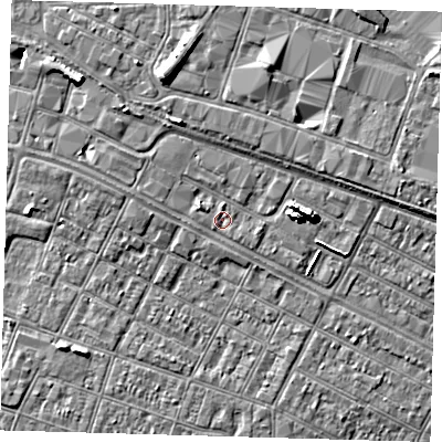 Shaded relief map of the ground around DN313BP, computed from Environment Agency LiDAR. The ground here sits at about 4 m above sea level and falls 8 m across the surrounding 800 m. Surface water reaching this point runs off ground lying to the west-north-west, 1.3 m higher.