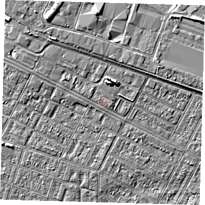 Shaded relief map of the ground around DN313BU, computed from Environment Agency LiDAR. The ground here sits at about 4 m above sea level and falls 8 m across the surrounding 800 m. Surface water reaching this point runs off ground lying to the north-north-east, 5.7 m higher.