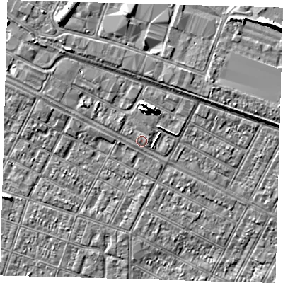 Shaded relief map of the ground around DN313BY, computed from Environment Agency LiDAR. The ground here sits at about 4 m above sea level and falls 8 m across the surrounding 800 m. Surface water reaching this point runs off ground lying to the north-north-east, 5.7 m higher.