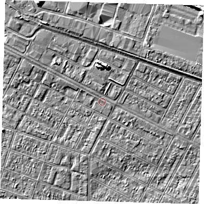 Shaded relief map of the ground around DN313DA, computed from Environment Agency LiDAR. The ground here sits at about 3 m above sea level and falls 8 m across the surrounding 800 m. Surface water reaching this point runs off ground lying to the north, 6.0 m higher.