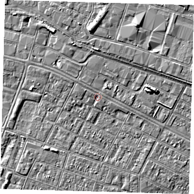 Shaded relief map of the ground around DN313DF, computed from Environment Agency LiDAR. The ground here sits at about 4 m above sea level and falls 8 m across the surrounding 800 m. Surface water reaching this point runs off ground lying to the west-north-west, 0.8 m higher.