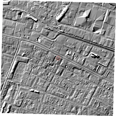 Shaded relief map of the ground around DN313DH, computed from Environment Agency LiDAR. The ground here sits at about 4 m above sea level and falls 8 m across the surrounding 800 m. Surface water reaching this point runs off ground lying to the north-west, 0.8 m higher.