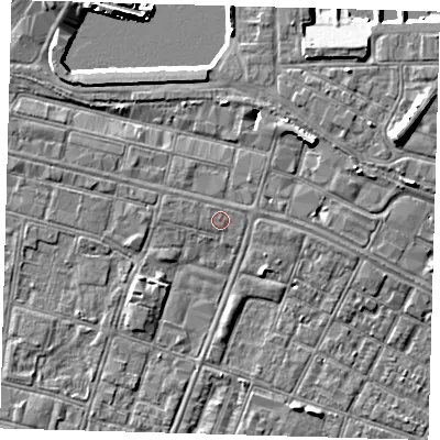 Shaded relief map of the ground around DN313DS, computed from Environment Agency LiDAR. The ground here sits at about 4 m above sea level and falls 9 m across the surrounding 800 m. The ground contributing surface water to this point lies to the north.