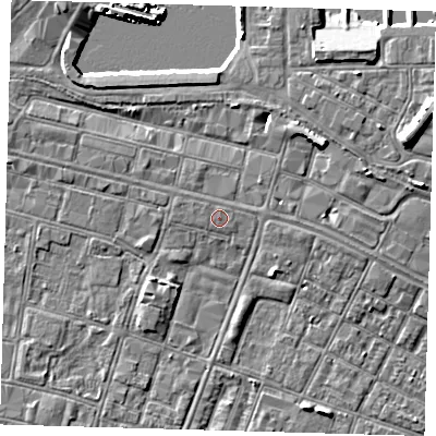 Shaded relief map of the ground around DN313DT, computed from Environment Agency LiDAR. The ground here sits at about 4 m above sea level and falls 9 m across the surrounding 800 m. The ground contributing surface water to this point lies to the north.