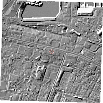 Shaded relief map of the ground around DN313DU, computed from Environment Agency LiDAR. The ground here sits at about 4 m above sea level and falls 9 m across the surrounding 800 m. The ground contributing surface water to this point lies to the east-north-east.