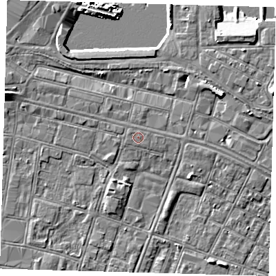 Shaded relief map of the ground around DN313DX, computed from Environment Agency LiDAR. The ground here sits at about 4 m above sea level and falls 9 m across the surrounding 800 m. The ground contributing surface water to this point lies to the west-north-west.
