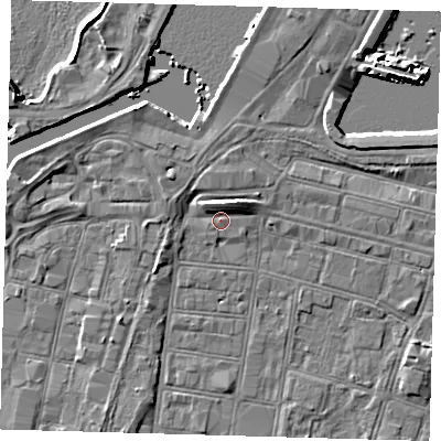 Shaded relief map of the ground around DN313EF, computed from Environment Agency LiDAR. The ground here sits at about 4 m above sea level and falls 7 m across the surrounding 800 m. Surface water reaching this point runs off ground lying to the north-north-west, 4.4 m higher.