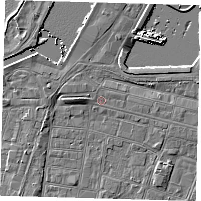 Shaded relief map of the ground around DN313ER, computed from Environment Agency LiDAR. The ground here sits at about 4 m above sea level and falls 7 m across the surrounding 800 m. Surface water reaching this point runs off ground lying to the west, 0.8 m higher.