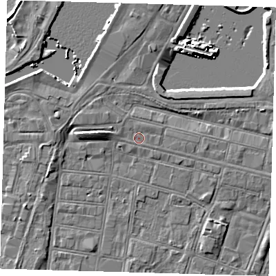 Shaded relief map of the ground around DN313ET, computed from Environment Agency LiDAR. The ground here sits at about 4 m above sea level and falls 7 m across the surrounding 800 m. Surface water reaching this point runs off ground lying to the west, 0.8 m higher.