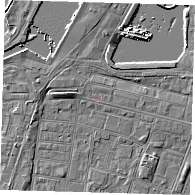 Shaded relief map of the ground around DN313EW, computed from Environment Agency LiDAR. The ground here sits at about 4 m above sea level and falls 7 m across the surrounding 800 m. Surface water reaching this point runs off ground lying to the east-north-east, 2.1 m higher.