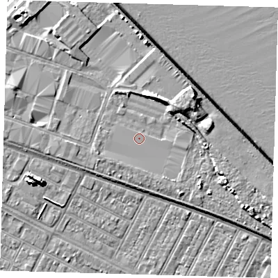 Shaded relief map of the ground around DN313FS, computed from Environment Agency LiDAR. The ground here sits at about 5 m above sea level and falls 11 m across the surrounding 800 m. Surface water reaching this point runs off ground lying to the north-east, 4.3 m higher.