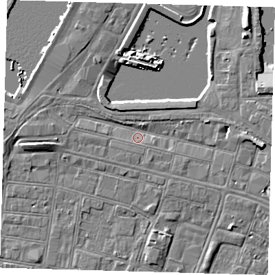 Shaded relief map of the ground around DN313HB, computed from Environment Agency LiDAR. The ground here sits at about 4 m above sea level and falls 7 m across the surrounding 800 m. Surface water reaching this point runs off ground lying to the east, 3.7 m higher.
