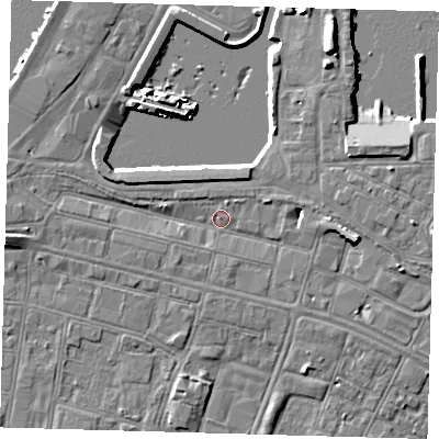 Shaded relief map of the ground around DN313HF, computed from Environment Agency LiDAR. The ground here sits at about 4 m above sea level and falls 7 m across the surrounding 800 m. Surface water reaching this point runs off ground lying to the east, 3.7 m higher.