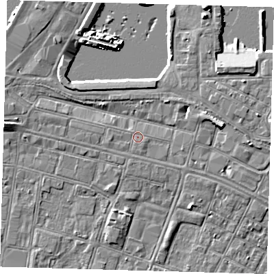 Shaded relief map of the ground around DN313HG, computed from Environment Agency LiDAR. The ground here sits at about 4 m above sea level and falls 7 m across the surrounding 800 m. Surface water reaching this point runs off ground lying to the east-north-east, 3.7 m higher.