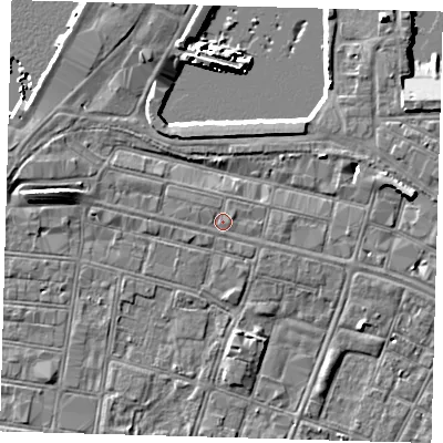 Shaded relief map of the ground around DN313HH, computed from Environment Agency LiDAR. The ground here sits at about 4 m above sea level and falls 7 m across the surrounding 800 m. Surface water reaching this point runs off ground lying to the east, 0.7 m higher.