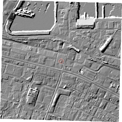 Shaded relief map of the ground around DN313HL, computed from Environment Agency LiDAR. The ground here sits at about 4 m above sea level and falls 9 m across the surrounding 800 m. The ground contributing surface water to this point lies to the south-south-east.