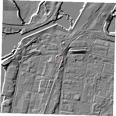 Shaded relief map of the ground around DN313HT, computed from Environment Agency LiDAR. The ground here sits at about 4 m above sea level and falls 7 m across the surrounding 800 m. Surface water reaching this point runs off ground lying to the north-east, 0.8 m higher.