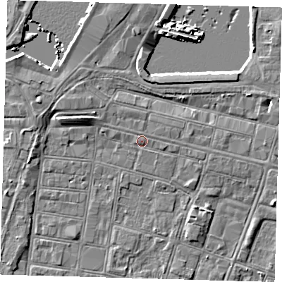 Shaded relief map of the ground around DN313HW, computed from Environment Agency LiDAR. The ground here sits at about 4 m above sea level and falls 7 m across the surrounding 800 m. Surface water reaching this point runs off ground lying to the east-north-east, 3.0 m higher.