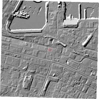 Shaded relief map of the ground around DN313HY, computed from Environment Agency LiDAR. The ground here sits at about 4 m above sea level and falls 9 m across the surrounding 800 m. Surface water reaching this point runs off ground lying to the east-north-east, 3.7 m higher.