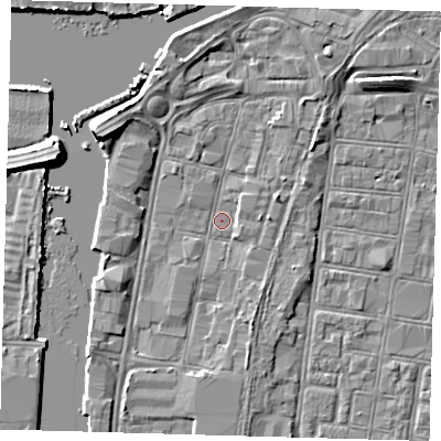 Shaded relief map of the ground around DN313JP, computed from Environment Agency LiDAR. The ground here sits at about 3 m above sea level and falls 7 m across the surrounding 800 m. Surface water reaching this point runs off ground lying to the north-west, 5.3 m higher.