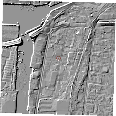Shaded relief map of the ground around DN313JQ, computed from Environment Agency LiDAR. The ground here sits at about 3 m above sea level and falls 7 m across the surrounding 800 m. Surface water reaching this point runs off ground lying to the north-west, 5.3 m higher.