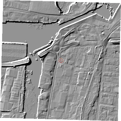 Shaded relief map of the ground around DN313JS, computed from Environment Agency LiDAR. The ground here sits at about 3 m above sea level and falls 7 m across the surrounding 800 m. Surface water reaching this point runs off ground lying to the west-north-west, 5.1 m higher.