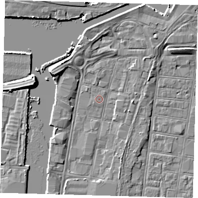 Shaded relief map of the ground around DN313JW, computed from Environment Agency LiDAR. The ground here sits at about 3 m above sea level and falls 7 m across the surrounding 800 m. Surface water reaching this point runs off ground lying to the south-west, 1.8 m higher.