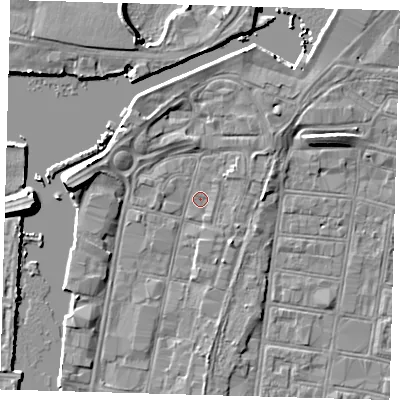 Shaded relief map of the ground around DN313JX, computed from Environment Agency LiDAR. The ground here sits at about 3 m above sea level and falls 7 m across the surrounding 800 m. Surface water reaching this point runs off ground lying to the west, 5.2 m higher.