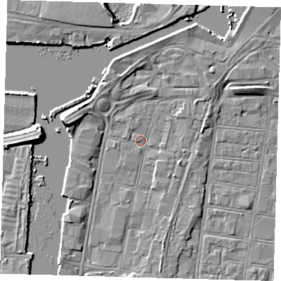 Shaded relief map of the ground around DN313LA, computed from Environment Agency LiDAR. The ground here sits at about 3 m above sea level and falls 7 m across the surrounding 800 m. Surface water reaching this point runs off ground lying to the south-west, 1.8 m higher.