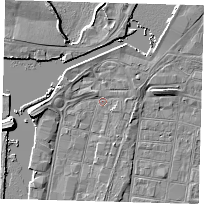 Shaded relief map of the ground around DN313LB, computed from Environment Agency LiDAR. The ground here sits at about 3 m above sea level and falls 7 m across the surrounding 800 m. Surface water reaching this point runs off ground lying to the west, 5.0 m higher.
