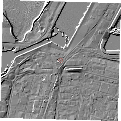 Shaded relief map of the ground around DN313LL, computed from Environment Agency LiDAR. The ground here sits at about 4 m above sea level and falls 7 m across the surrounding 800 m. Surface water reaching this point runs off ground lying to the south-west, 1.5 m higher.