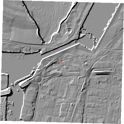 Shaded relief map of the ground around DN313LP, computed from Environment Agency LiDAR. The ground here sits at about 4 m above sea level and falls 7 m across the surrounding 800 m. Surface water reaching this point runs off ground lying to the north-east, 1.8 m higher.