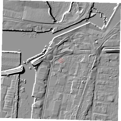 Shaded relief map of the ground around DN313LQ, computed from Environment Agency LiDAR. The ground here sits at about 3 m above sea level and falls 7 m across the surrounding 800 m. Surface water reaching this point runs off ground lying to the west, 5.0 m higher.