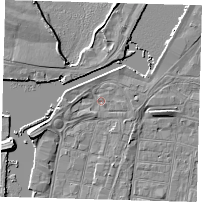 Shaded relief map of the ground around DN313LS, computed from Environment Agency LiDAR. The ground here sits at about 4 m above sea level and falls 7 m across the surrounding 800 m. Surface water reaching this point runs off ground lying to the north-north-east, 1.8 m higher.