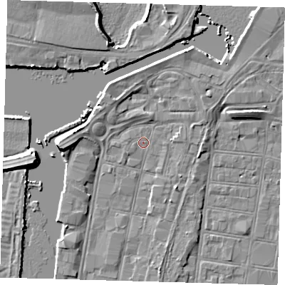Shaded relief map of the ground around DN313LU, computed from Environment Agency LiDAR. The ground here sits at about 3 m above sea level and falls 7 m across the surrounding 800 m. Surface water reaching this point runs off ground lying to the west, 5.0 m higher.