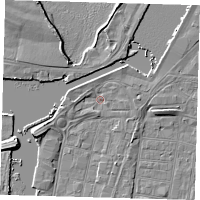 Shaded relief map of the ground around DN313LW, computed from Environment Agency LiDAR. The ground here sits at about 4 m above sea level and falls 7 m across the surrounding 800 m. Surface water reaching this point runs off ground lying to the north-north-east, 1.8 m higher.