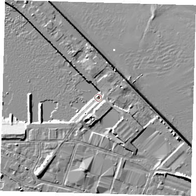 Shaded relief map of the ground around DN313NB, computed from Environment Agency LiDAR. The ground here sits at about 5 m above sea level and falls 13 m across the surrounding 800 m. Surface water reaching this point runs off ground lying to the south, 5.4 m higher.