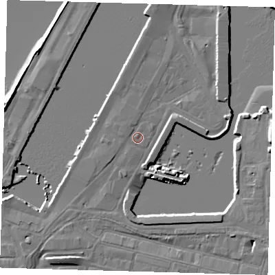 Shaded relief map of the ground around DN313NE, computed from Environment Agency LiDAR. The ground here sits at about 4 m above sea level and falls 7 m across the surrounding 800 m. Surface water reaching this point runs off ground lying to the north-west, 0.9 m higher.